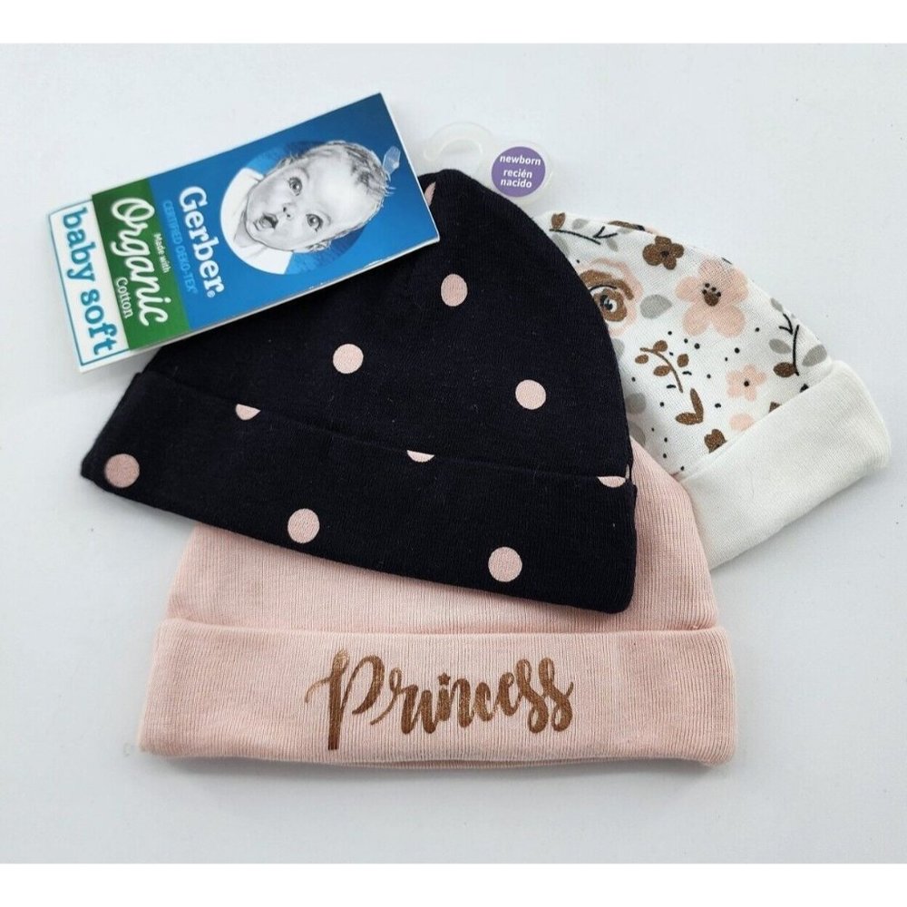 Gerber Baby Girl‎ 3-Piece Organic Pink/Black Princess Caps Size Newborn
